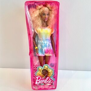 🩷NIP. Barbie doll with yellow curly hair  and Tie-Dye Romper